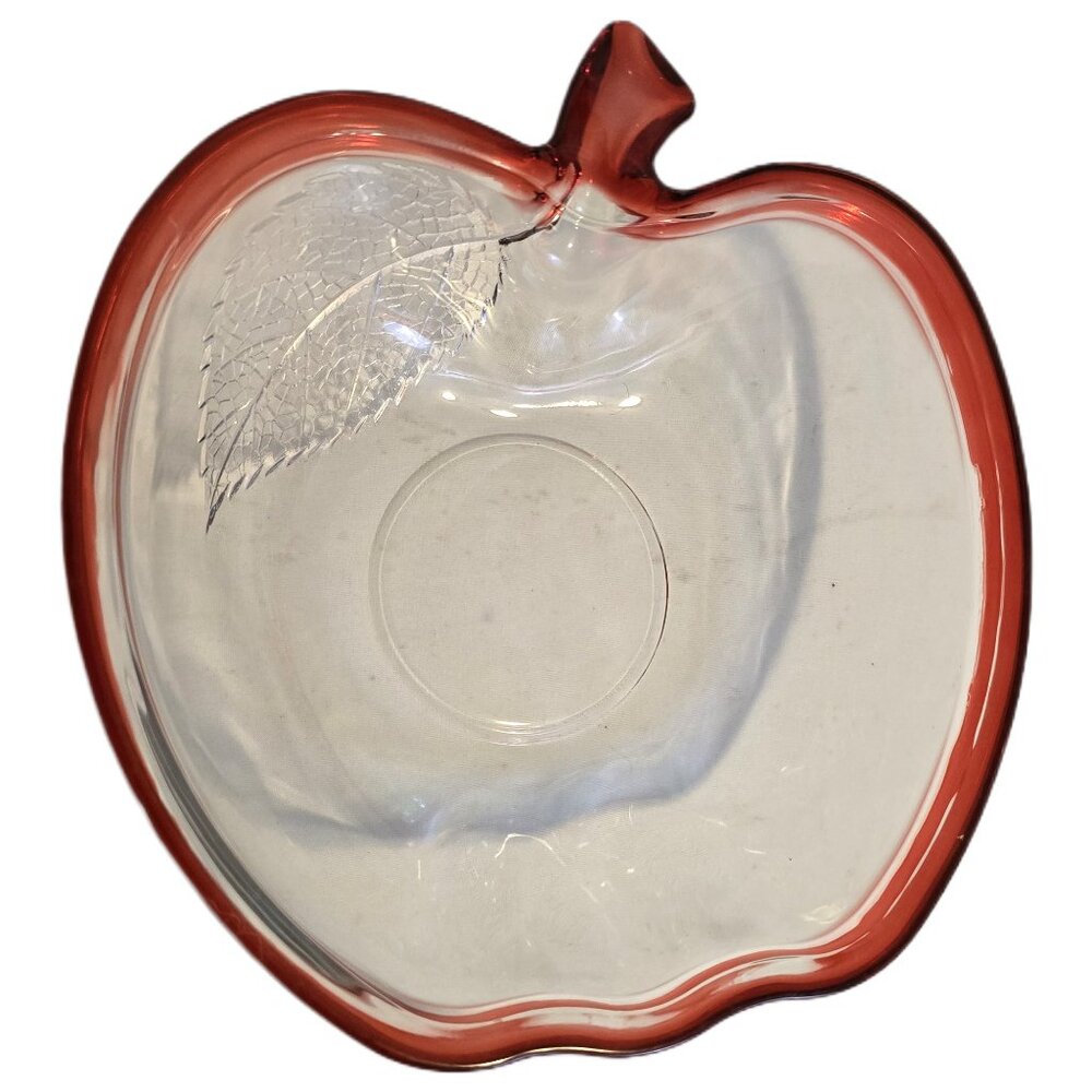 Glass Apple Bowl Red Rim Serving Dish Candy Salad Picnic Party Retro